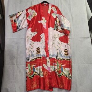 Kimono Robe Women One Size Fits All Japanese Floral Print Colorful Red - No Belt